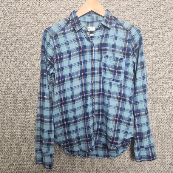 Hollister Tops - HOLLISTER Women's  Blue Green Plaid Long Sleeve 3/4 Button Down Shirt Size XS